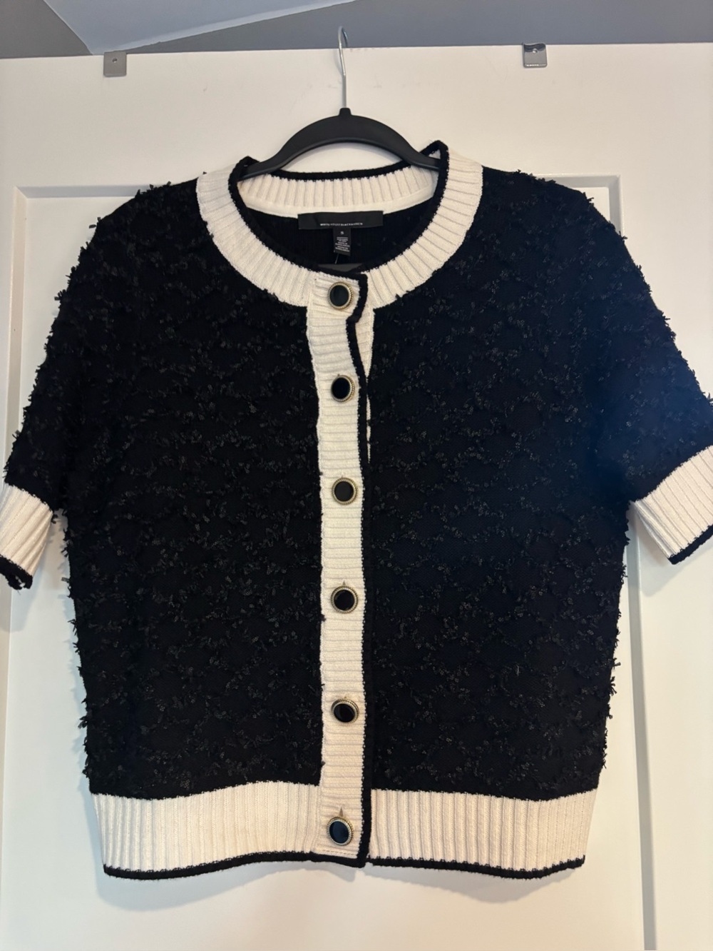 White House Black Market Black & Cream Short-Sleeve Button Cardigan